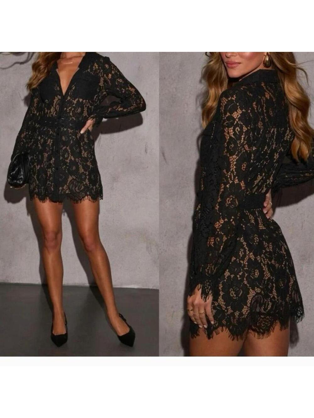 Fate black lace mini dress with belt and pockets Size M